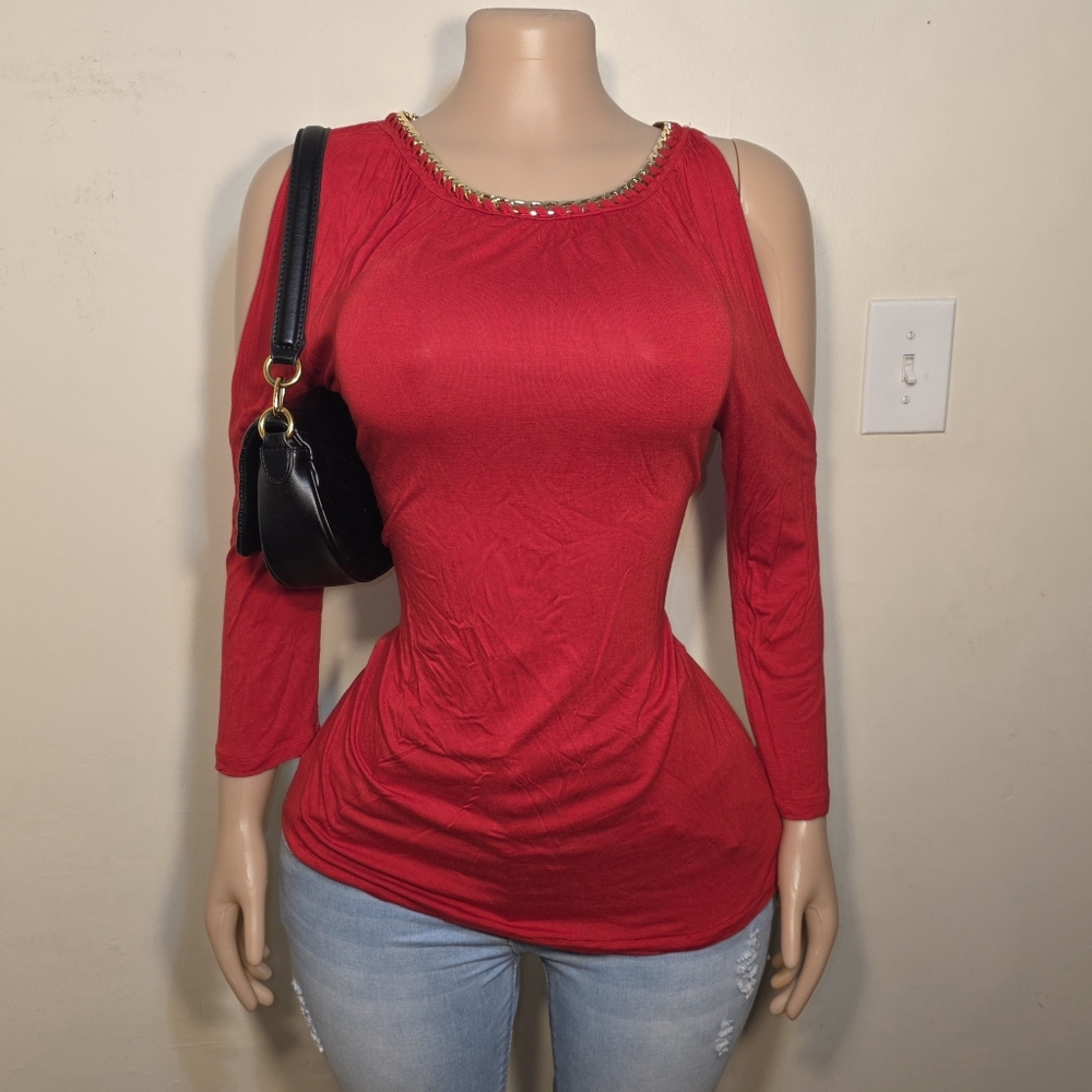 Cable & Gauge Red Cold Shoulder Gold Chain Blouse